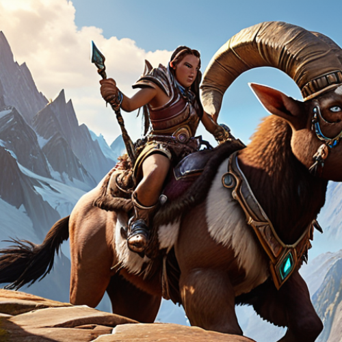 Home 4 A World of Warcraft character riding a mount that reflects their personality, perhaps a ram in a mountainous area, showcasing a balance of speed, style, and practicality. The scene should evoke a sense of adventure and exploration, rather than just speed.