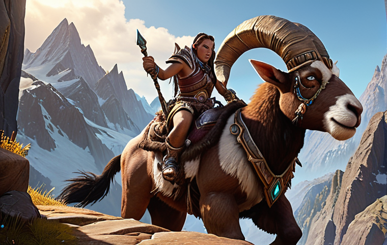A World of Warcraft character riding a mount that reflects their personality, perhaps a ram in a mountainous area, showcasing a balance of speed, style, and practicality. The scene should evoke a sense of adventure and exploration, rather than just speed.